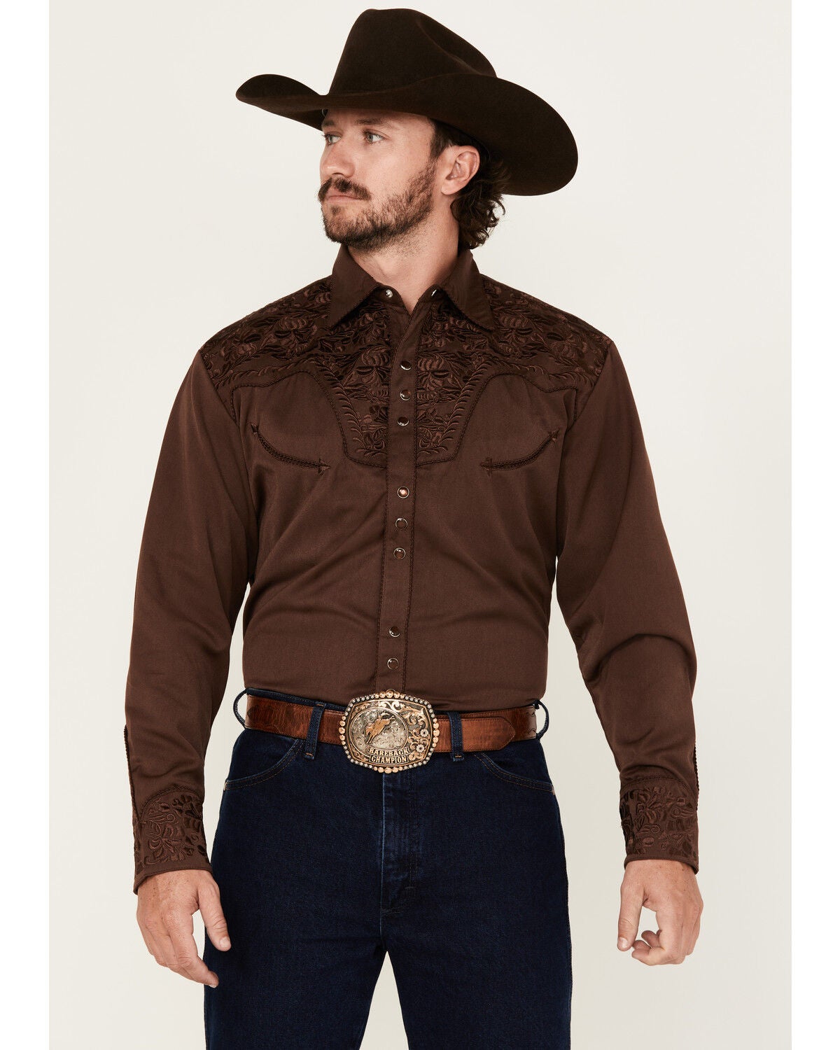 Scully Men's Gunfighter Long Sleeve Pearl Snap Western Shirt, Brown, hi-res