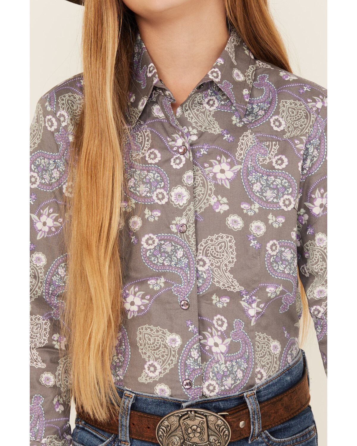 Image #3 - Cruel Girl Girls' Paisley Print Long Sleeve Snap Western Shirt, Grey, hi-res