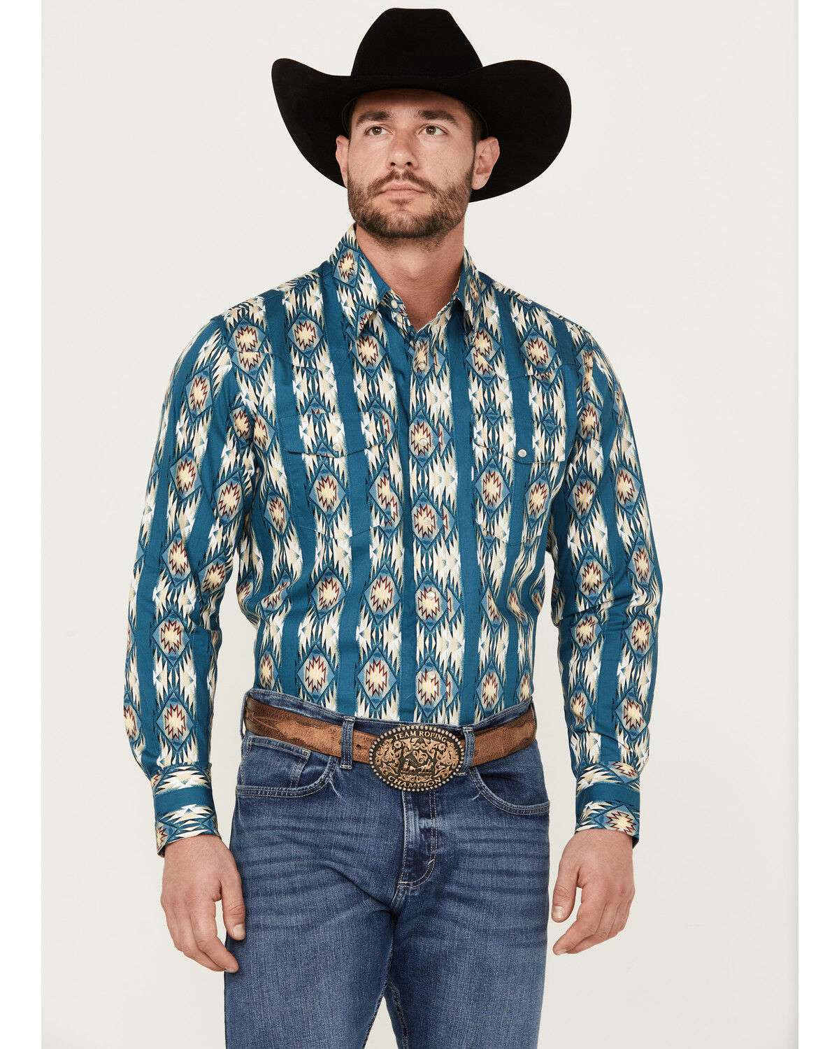 Image #1 - Wrangler Men's Checotah Long Sleeve Pearl Snap Western Shirt - Tall, Blue, hi-res