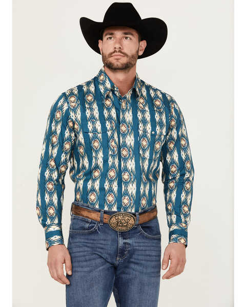 Wrangler Men's Checotah Long Sleeve Pearl Snap Western Shirt - Tall , Blue, hi-res