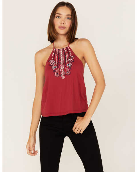 Image #2 - Rock & Roll Denim Women's Southwestern Paisley Embroidered Halter Tank Top, Red, hi-res