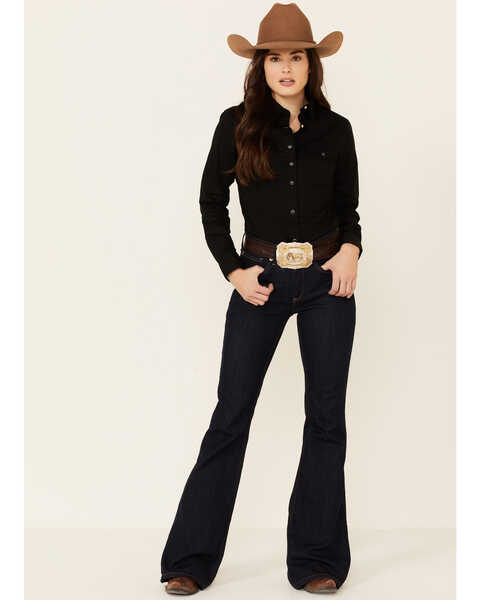 Image #2 - Wrangler Women's Long Sleeve Snap Stretch Western Top, Black, hi-res