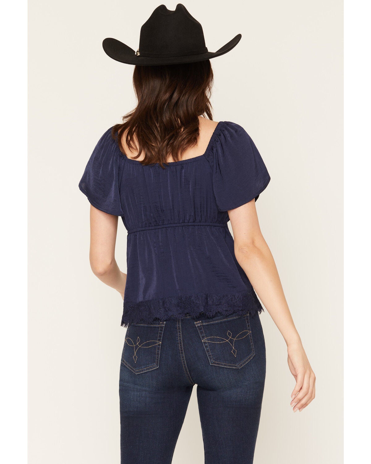 Image #4 - Wild Moss Women's Lace Trim Short Sleeve Top, Navy, hi-res
