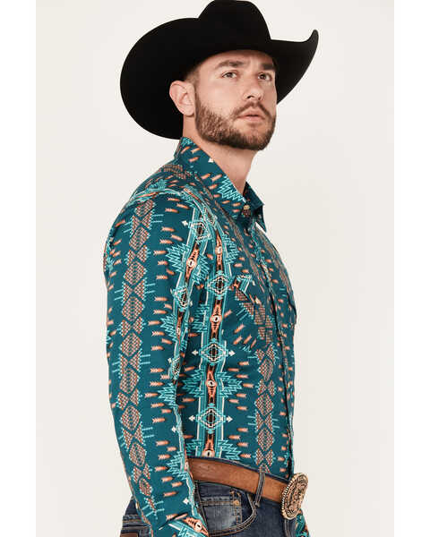 Image #2 - Rock & Roll Denim Men's Southwestern Print Stretch Long Sleeve Snap Western Shirt, Teal, hi-res