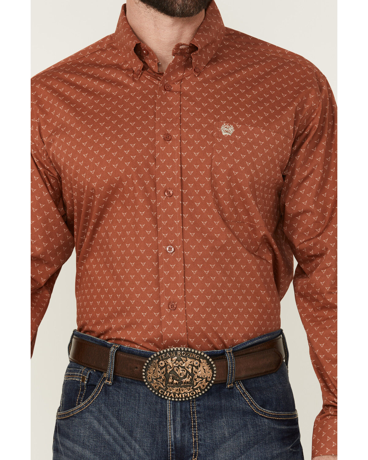 Image #3 - Cinch Men's Long Horn Print Long Sleeve Button-Down Western Shirt, Orange, hi-res