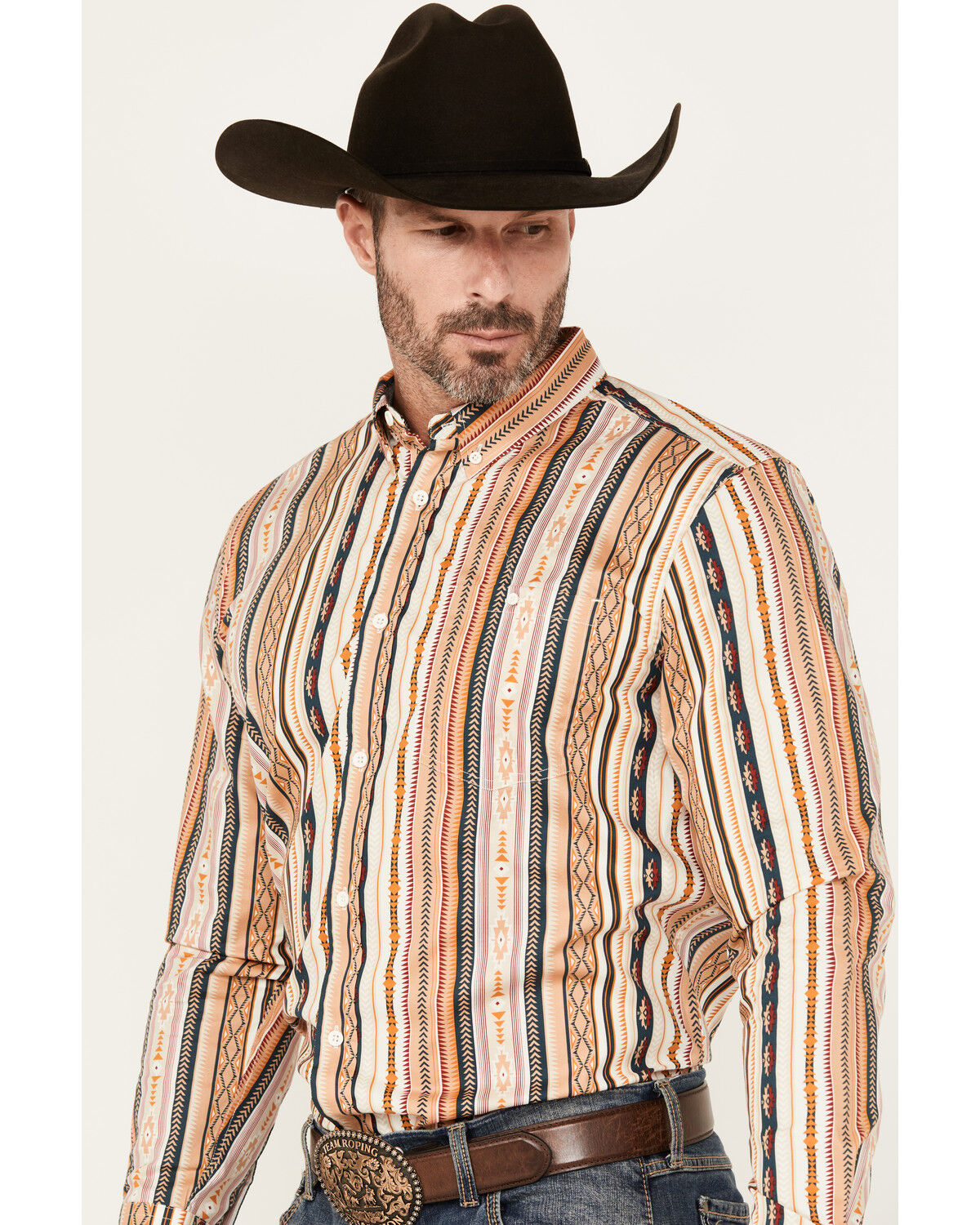 Image #2 - RANK 45® Men's Durango Southwestern Striped Print Long Sleeve Button-Down Stretch Western Shirt, Tan, hi-res