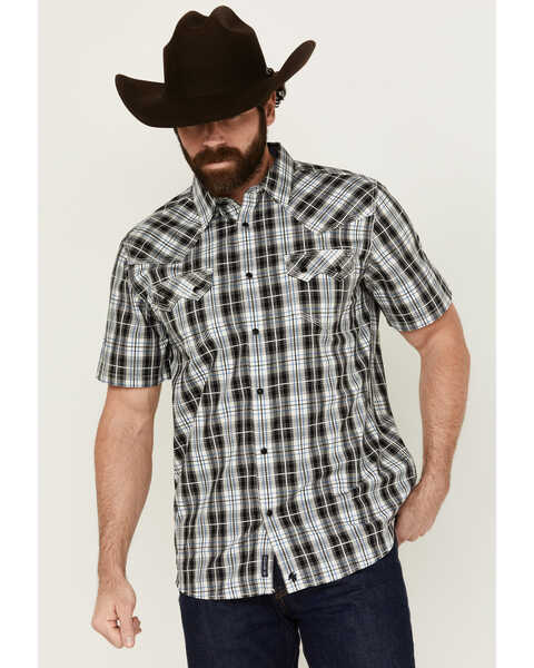 Moonshine Spirit Men's Macho Plaid Print Short Sleeve Snap Western Shirt , White, hi-res