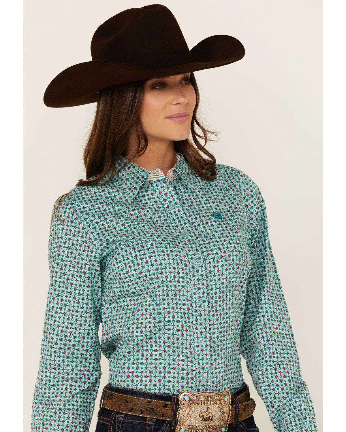 Image #2 - Cinch Women's Printed Long Sleeve Button-Down Western Shirt, Light Blue, hi-res