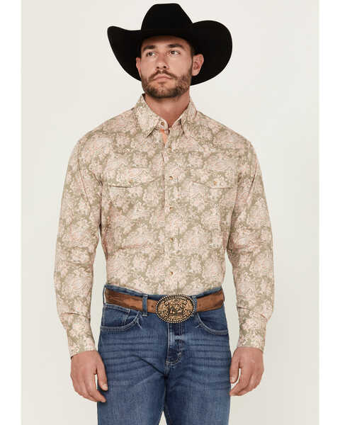 George Strait Wrangler Men's Floral Print Long Sleeve Pearl Snap Stretch Western Shirt , Sage, hi-res