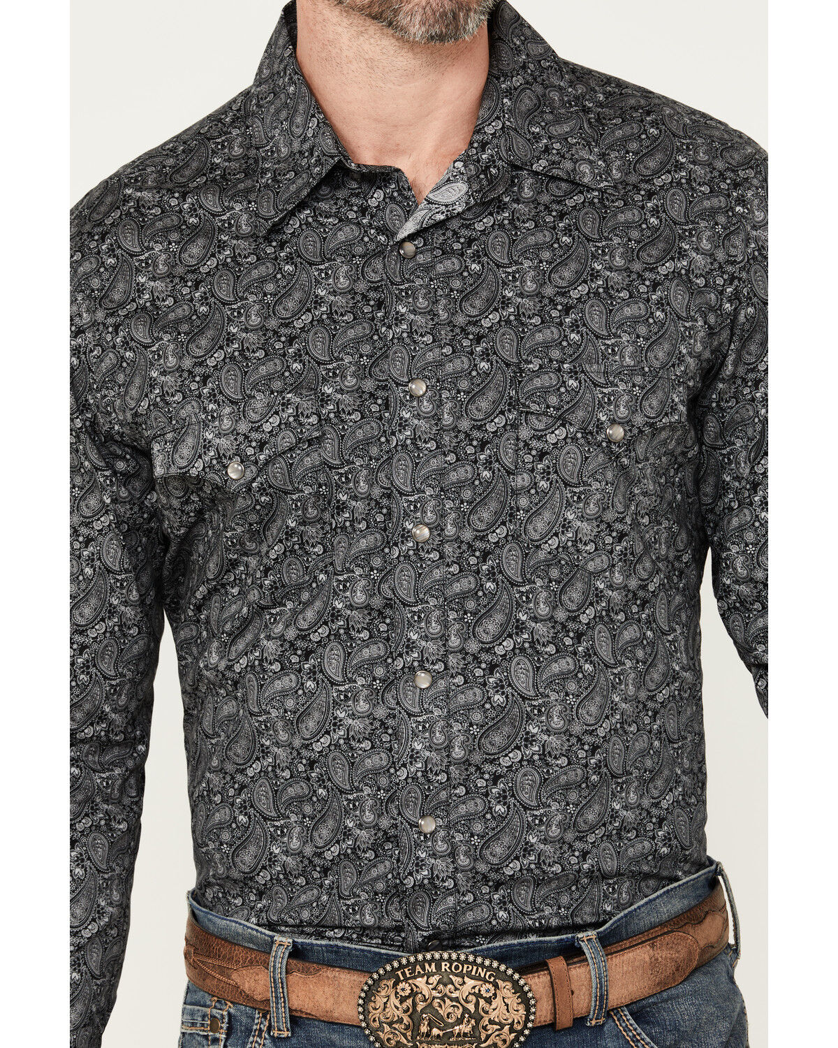 Image #3 - Rock & Roll Denim Men's Paisley Print Long Sleeve Stretch Pearl Snap Western Shirt, Charcoal, hi-res