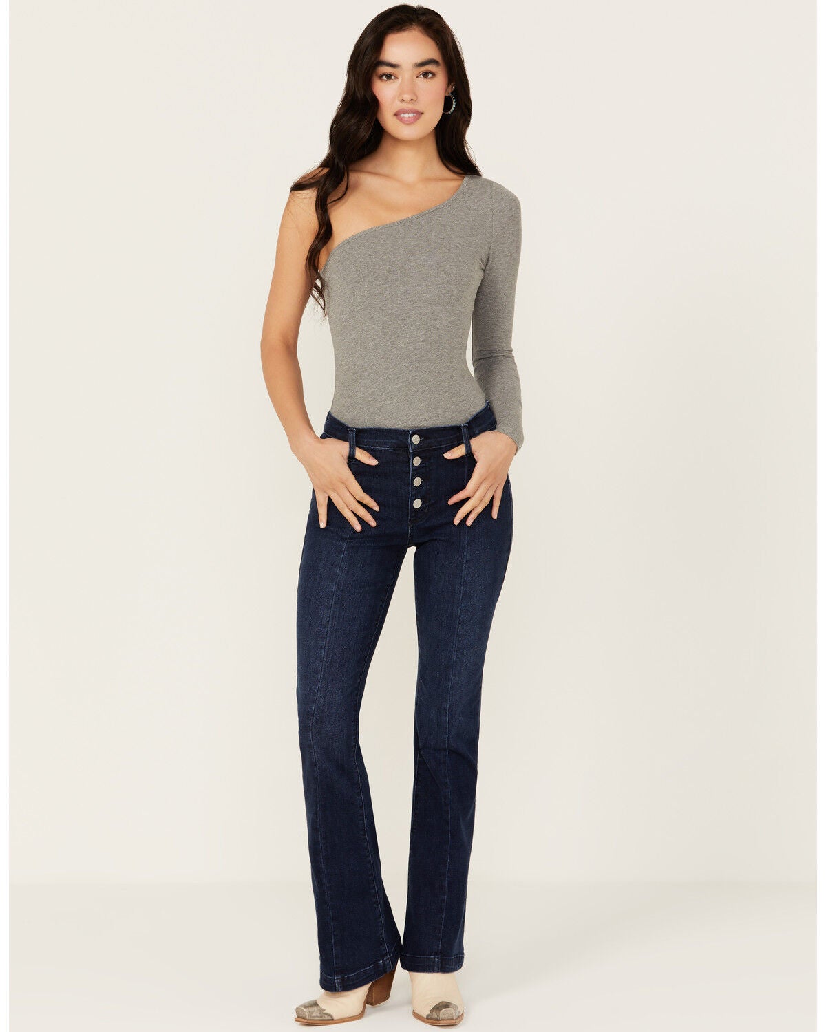 Image #1 - Sneak Peek Women's Dark Wash Mid Rise Exposed Button-Fly Stretch Trouser Jeans, Dark Wash, hi-res