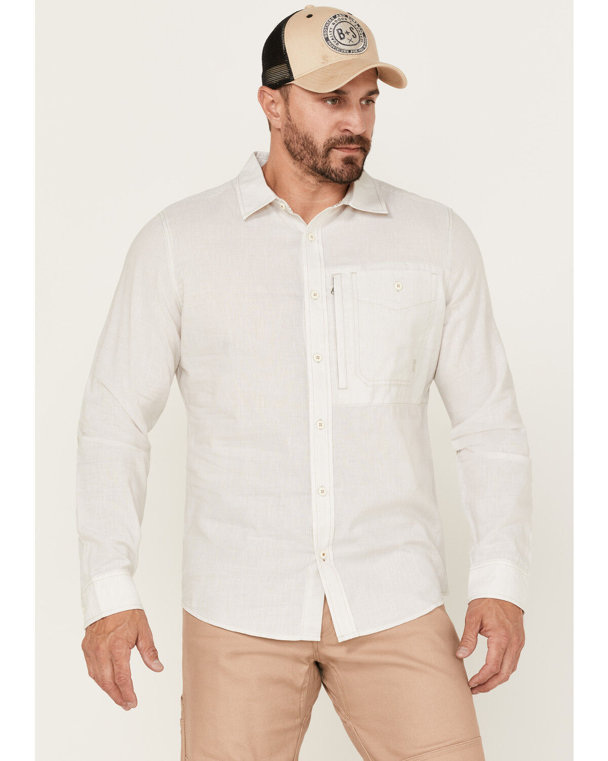 Image #1 - Brothers and Sons Men's Performance Solid Long Sleeve Button Down Western Shirt, Sand, hi-res