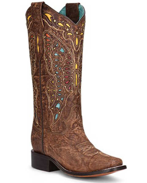 Corral Women's Studded Inlay & Embroidery Western Boots - Square Toe, Brown, hi-res