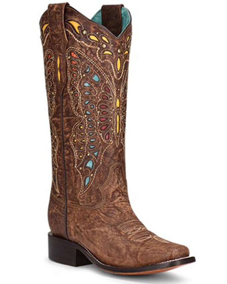Corral Women's Studded Inlay & Embroidery Western Boots - Square Toe, Brown, hi-res