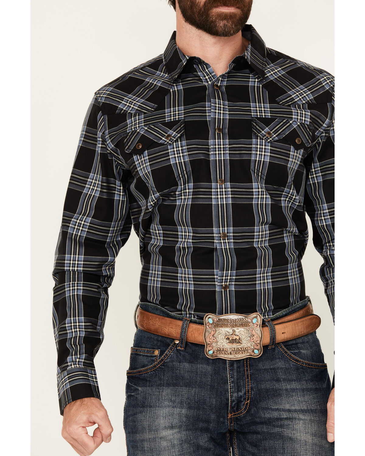 Image #3 - Cody James Men's Irving Plaid Print Long Sleeve Snap Western Shirt - Tall, Navy, hi-res