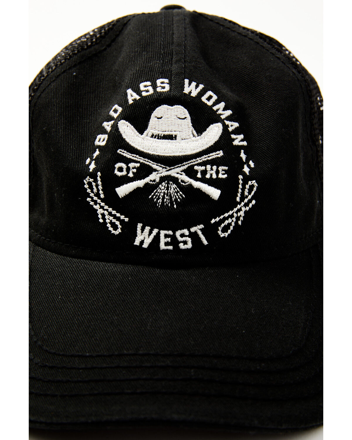 Image #2 - Idyllwind Women's Bad Ass Woman Embroidered Mesh Back Ball Cap, Black, hi-res