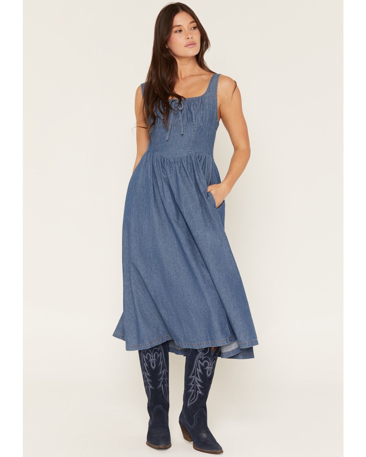 26 International Women's Medium Wash Denim Sleeveless Corset Midi Dress, Medium Wash, hi-res