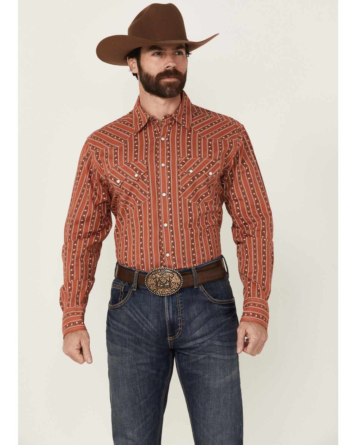 Cinch Men's Floral Striped Print Modern Fit Long Sleeve Snap Western Shirt, Orange, hi-res