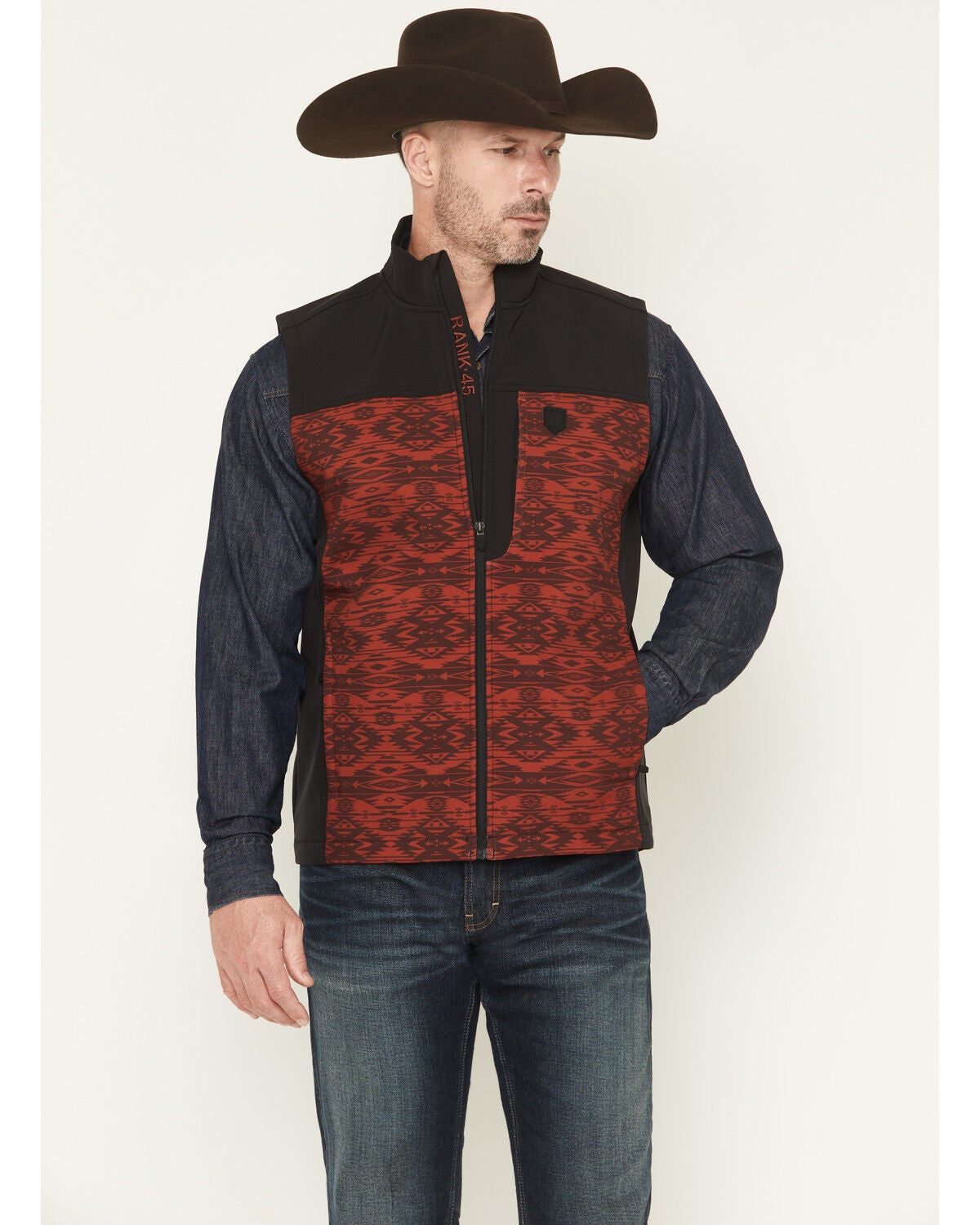 RANK 45&reg; Men's Color Block Southwestern Print Softshell Vest, Maroon, hi-res