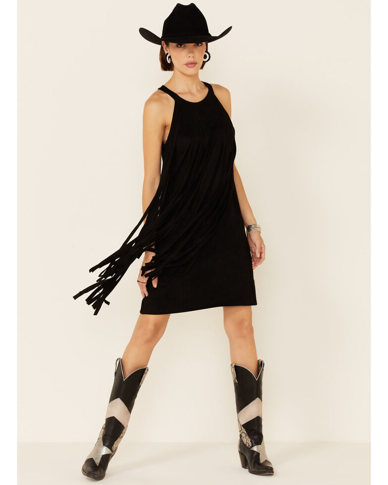 Rock & Roll Denim Women's A-Line Suede Fringe Dress, Black, hi-res