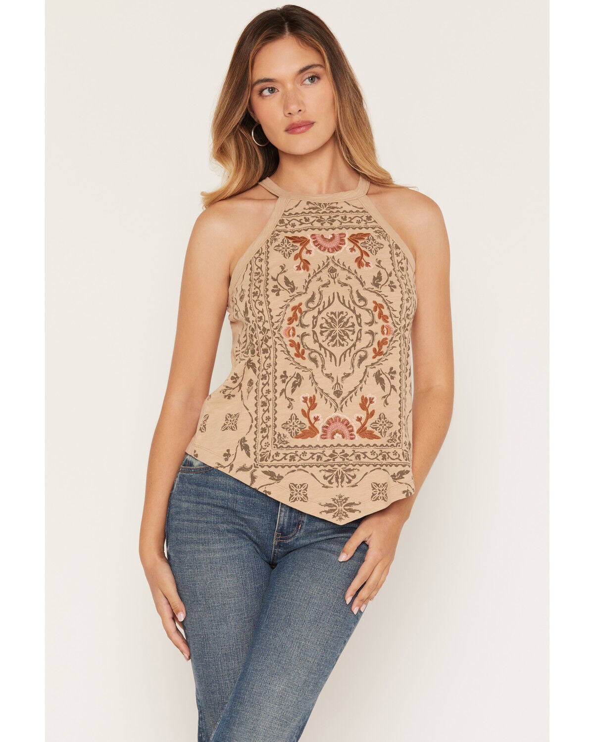 Image #1 - Shyanne Women's Wren Embroidered Hanky Hem Tank, Khaki, hi-res