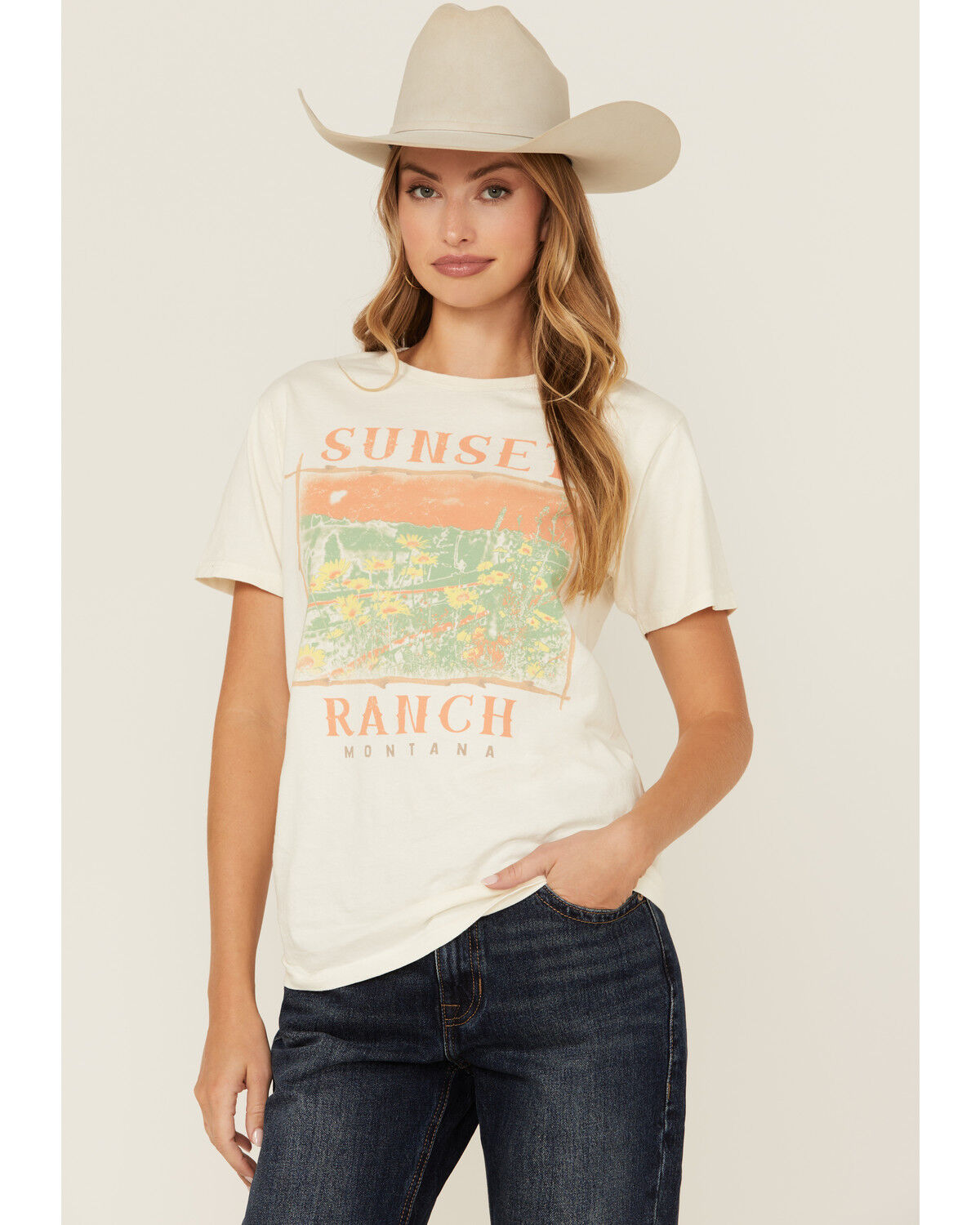 Image #1 - Cut & Paste Women's Sunset Short Sleeve Graphic Tee, Cream, hi-res