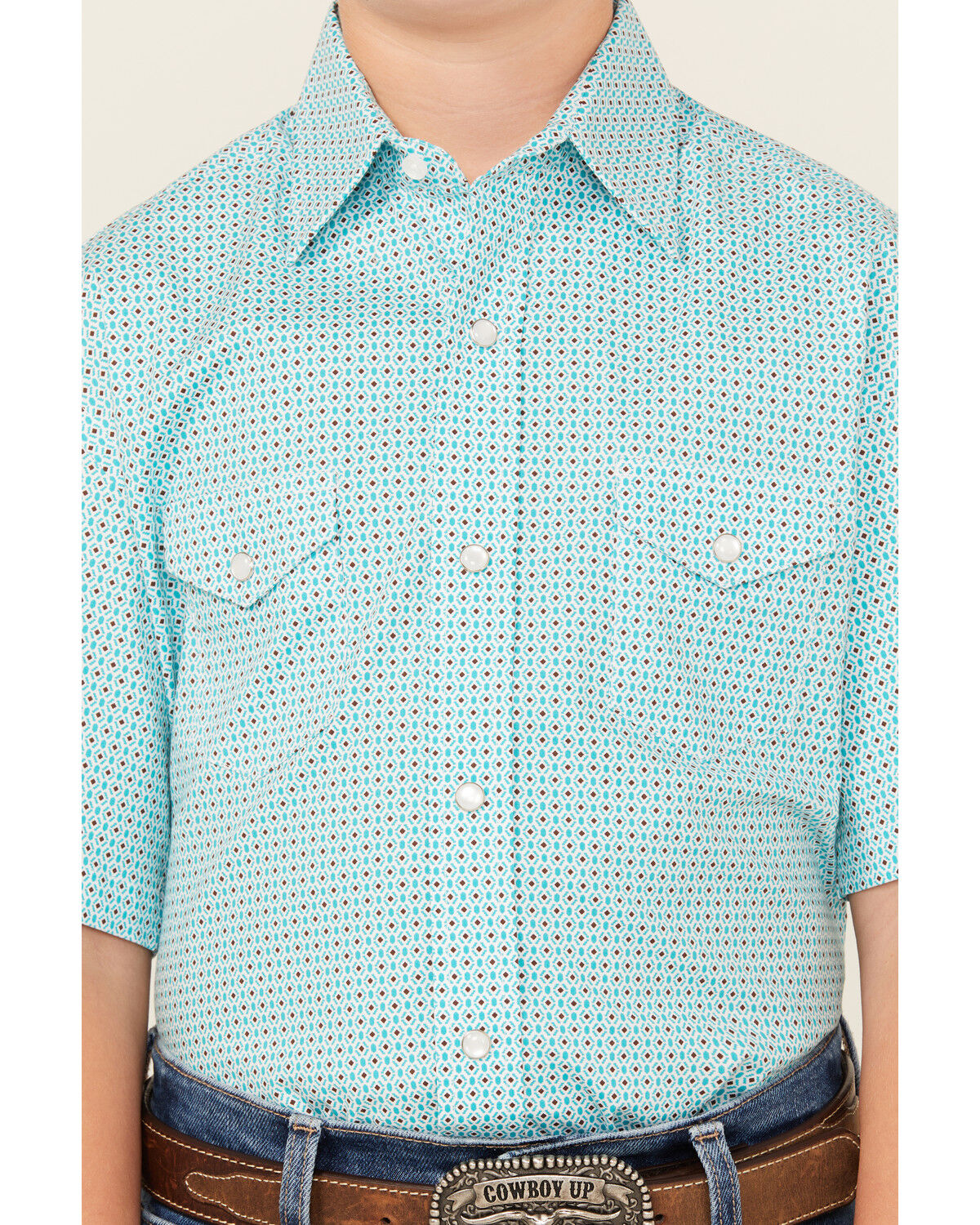 Image #3 - Panhandle Boys' Geo Print Short Sleeve Snap Western Shirt, Aqua, hi-res