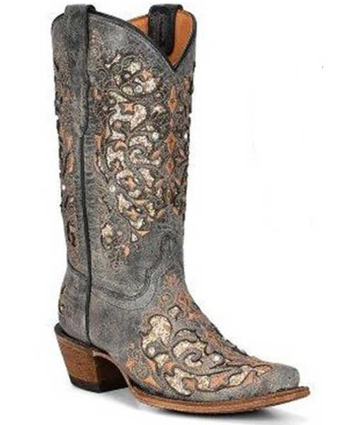 Corral Youth Girls' Gliiter Inlay Studded Western Boots - Snip Toe , Gold, hi-res