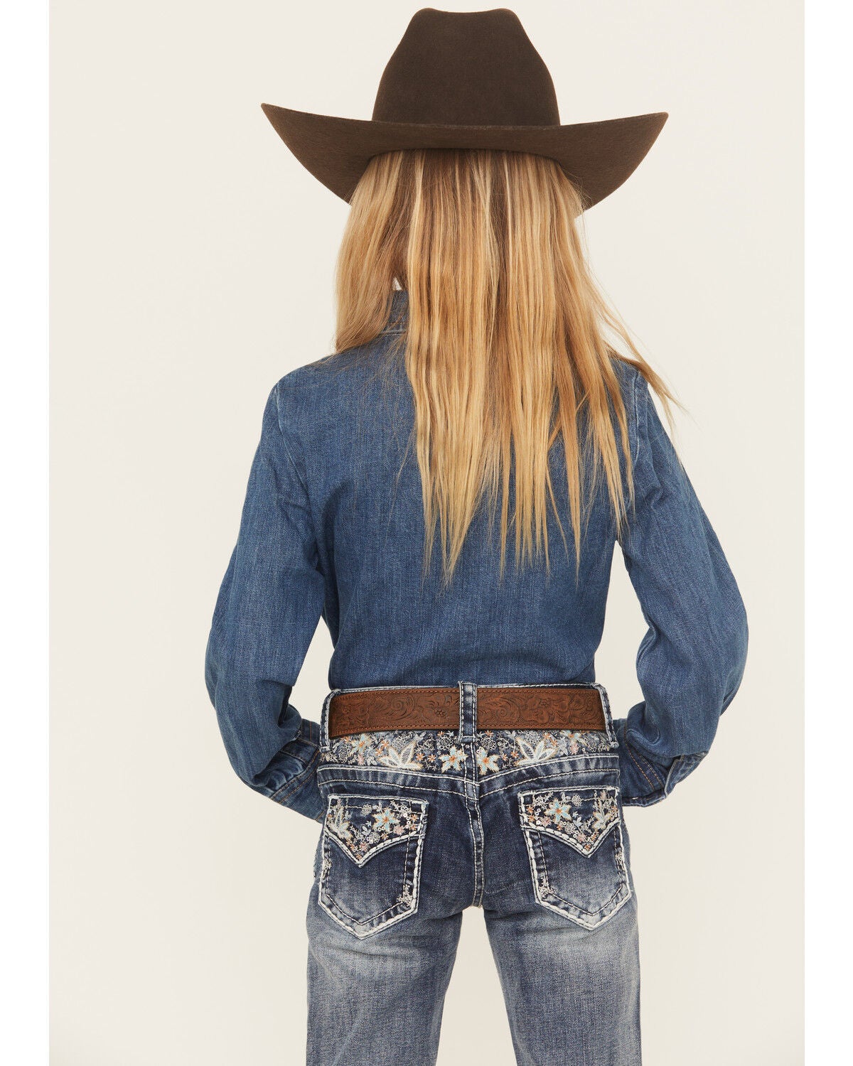 Image #4 - Wrangler Girls' Ruffle Button Long Sleeve Pearl Snap Western Shirt, Dark Wash, hi-res