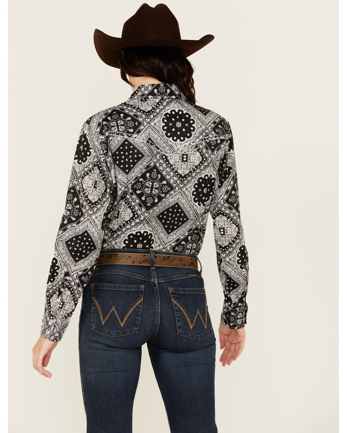 Image #4 - Cowgirl Hardware Women's Bandana Print Long Sleeve Snap Western Shirt, Black, hi-res