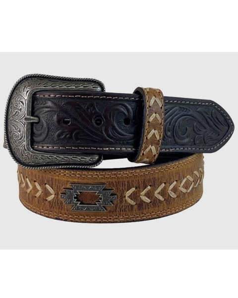 Image #1 - Roper Men's Floral Tooled Tab Heavy Cord Arrow & Southwestern Concho Leather Belt, Natural, hi-res