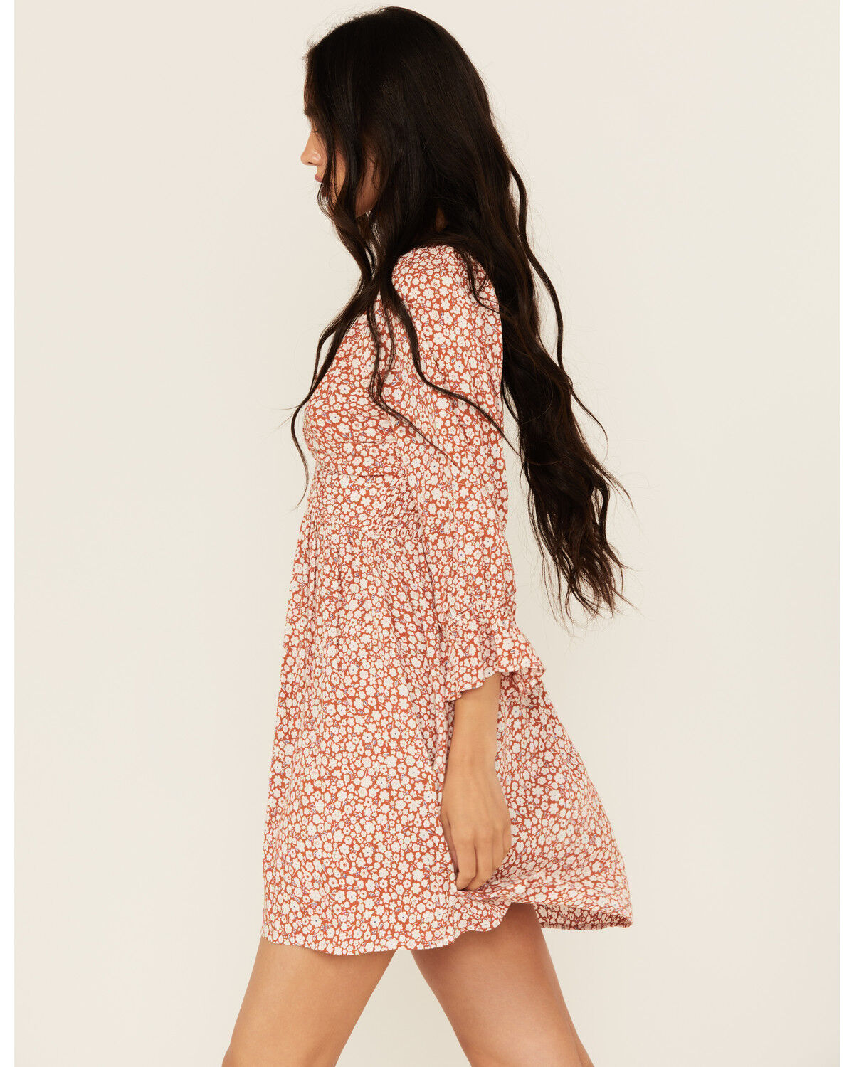 Image #2 - Angie Women's Floral Print Knot Front Mini Dress, Rust Copper, hi-res