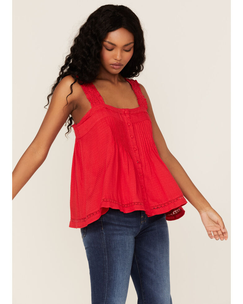 Miss Me Women's Pointelle Pleated Tank Top, Red, hi-res