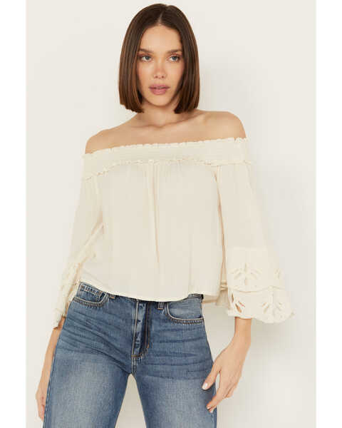 Shyanne Women's Embroidered Cut Out Off The Shoulder Top, Cream, hi-res