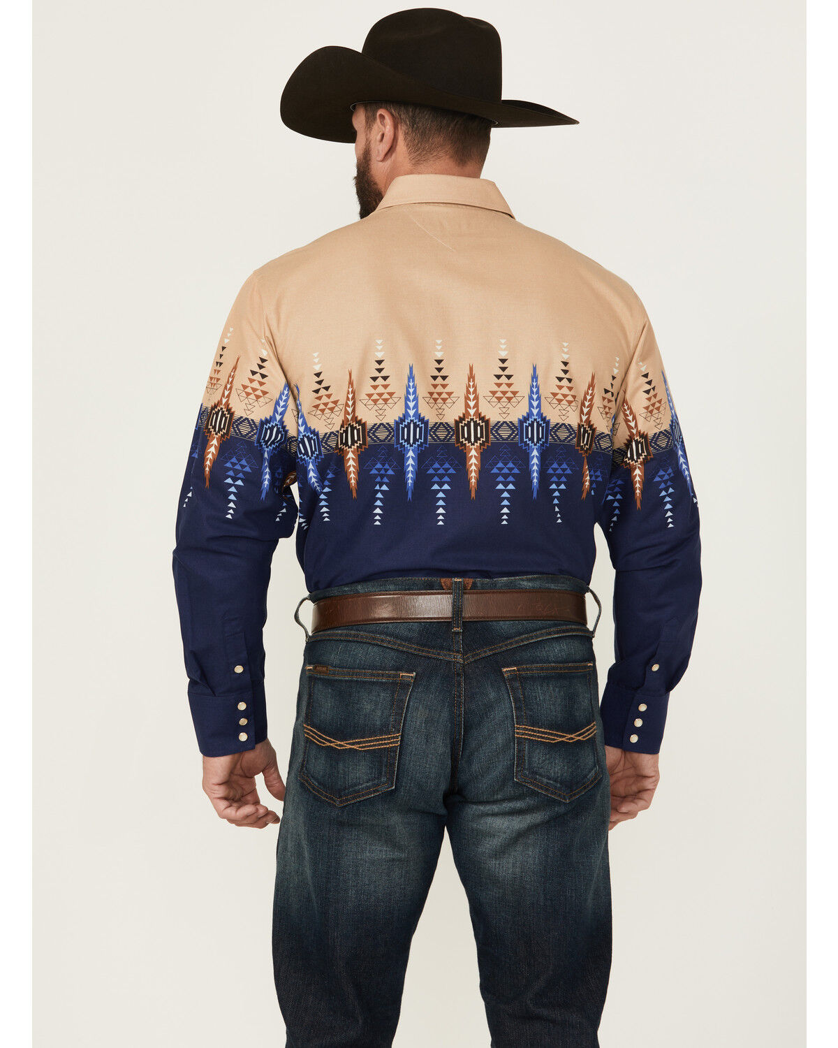 Image #4 - Panhandle Men's Southwestern Print Border Long Sleeve Snap Western Shirt, Navy, hi-res