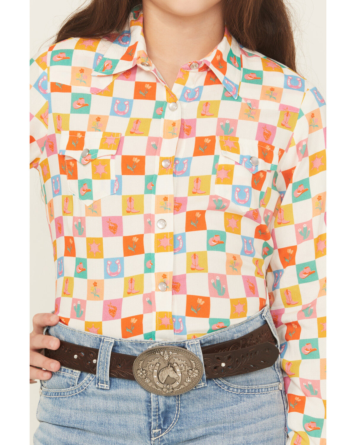 Image #3 - Roper Girls' Western Checkered Long Sleeve Pearl Snap Western Shirt, Multi, hi-res