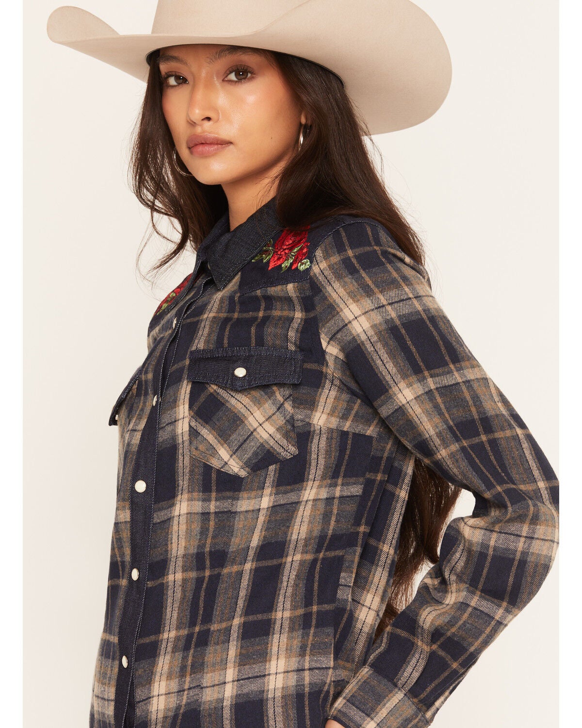 Image #2 - Rodeo Quincy X Boot Barn Women's Rose Western Plaid Print Long Sleeve Snap Flannel Shirt, Blue, hi-res