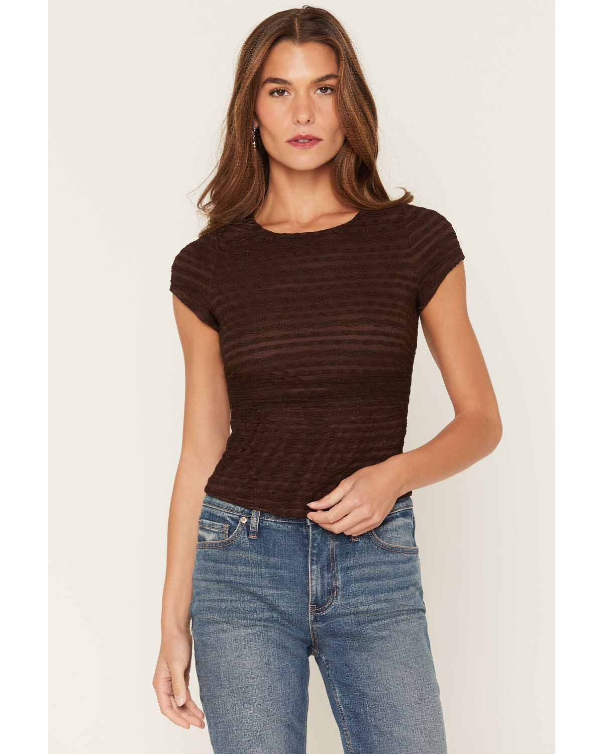 Image #1 - Ash & Violet Women's Lace Short Sleeve Tee, Brown, hi-res