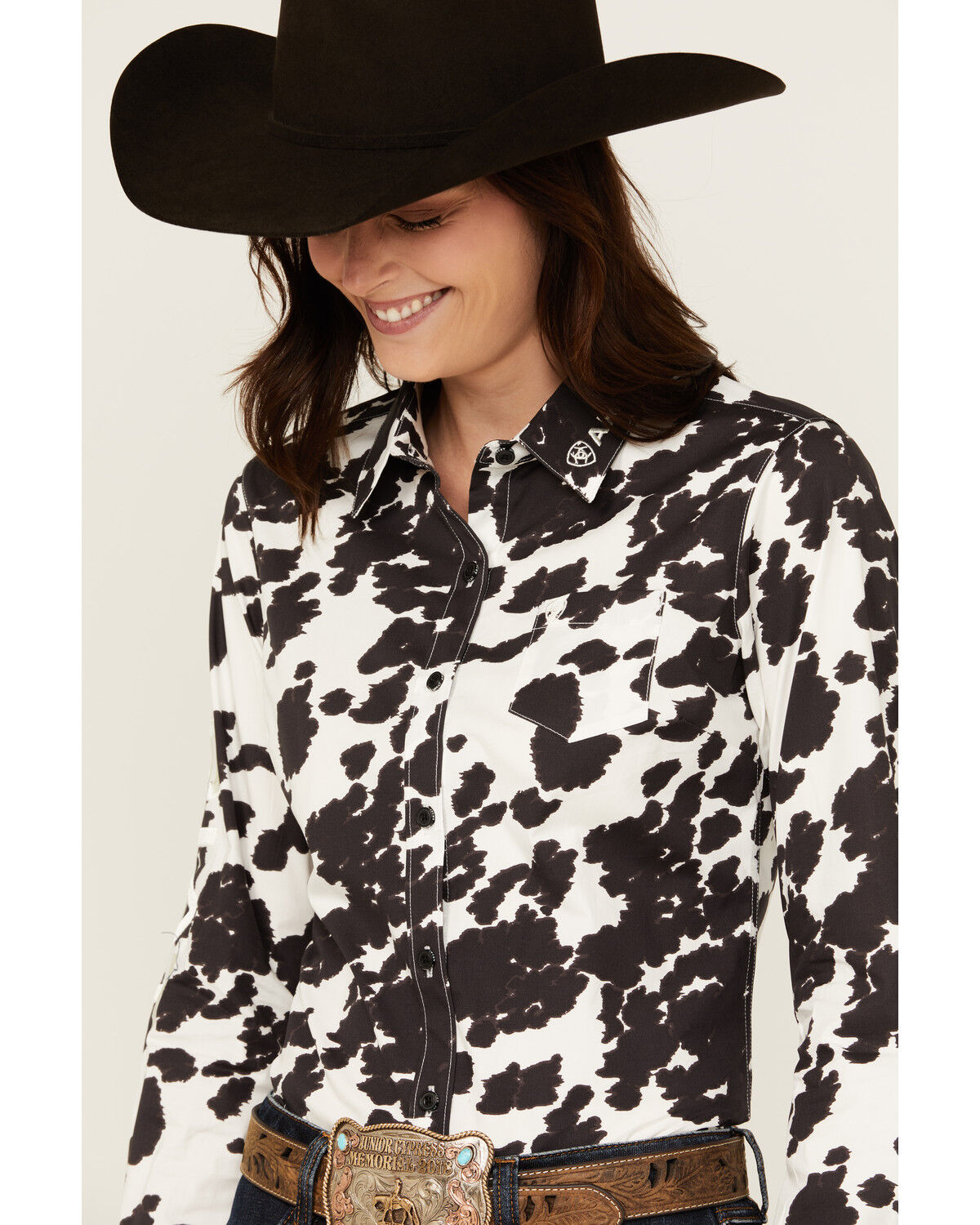 Image #3 - Ariat Women's Cow Print Wrinkle Resist Team Kirby Long Sleeve Button-Down Stretch Western Shirt, Cream, hi-res