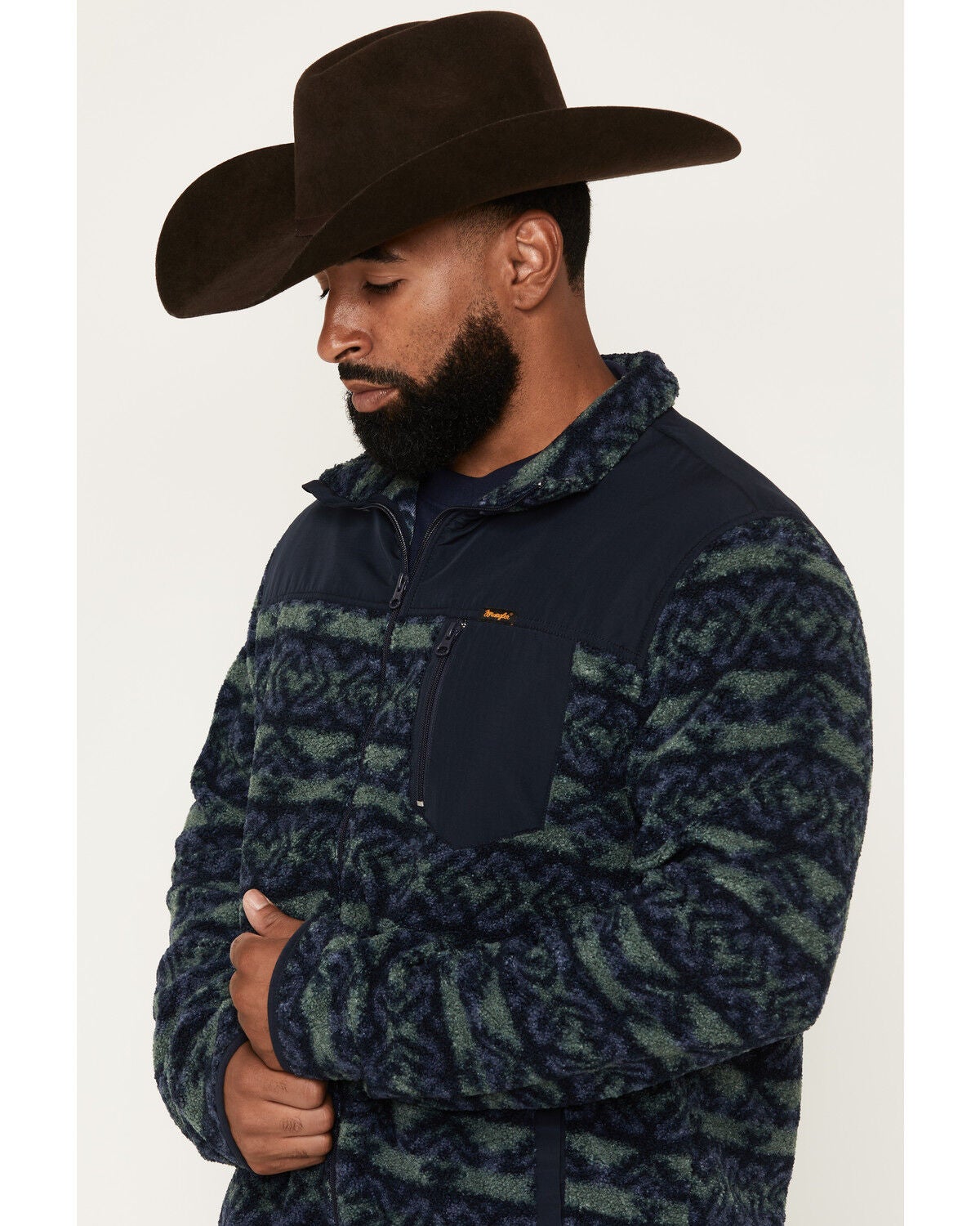 Image #2 - Wrangler Men's Southwestern Striped Print Fleece Jacket, Navy, hi-res