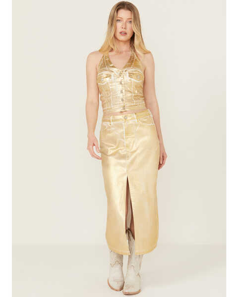 Vibrant Denim Women's Metallic Gold Denim Maxi Skirt , Gold, hi-res