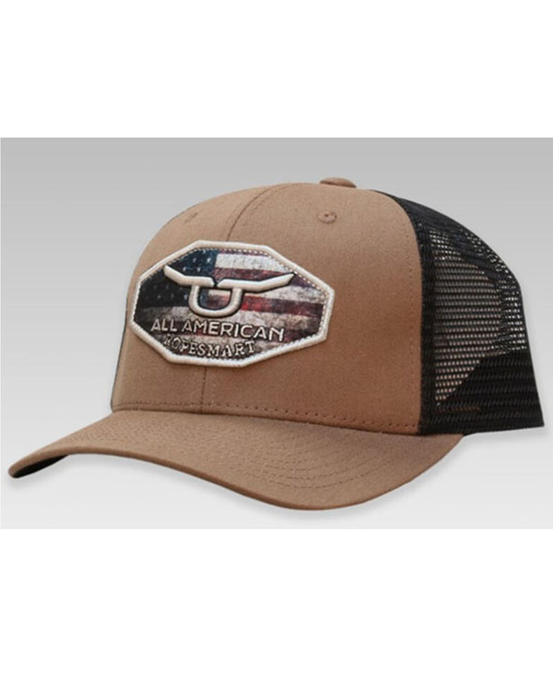 RopeSmart Men's All-American Embroidered Graphic Steer Flag Patch Mesh-Back Ball Cap, Brown, hi-res