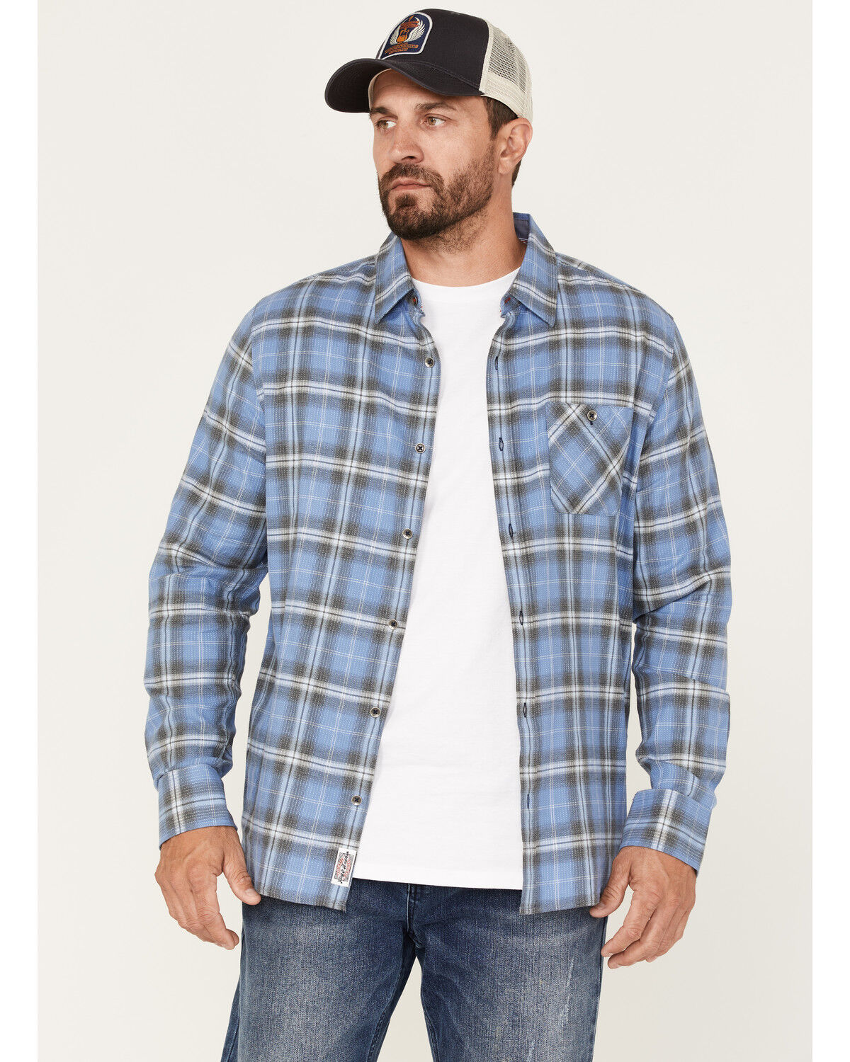 Image #1 - Flag & Anthem Men's Willcox Vintage Wash Plaid Print Long Sleeve Button Down Shirt, Medium Blue, hi-res