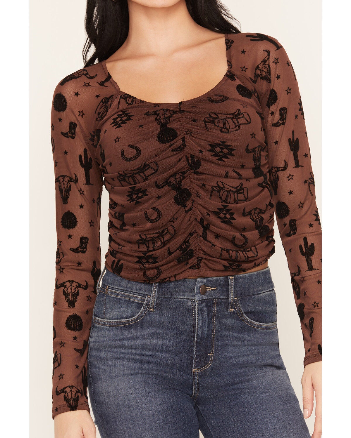 Image #3 - Rock & Roll Denim Women's Western Print Long Sleeve Mesh Top, Brown, hi-res