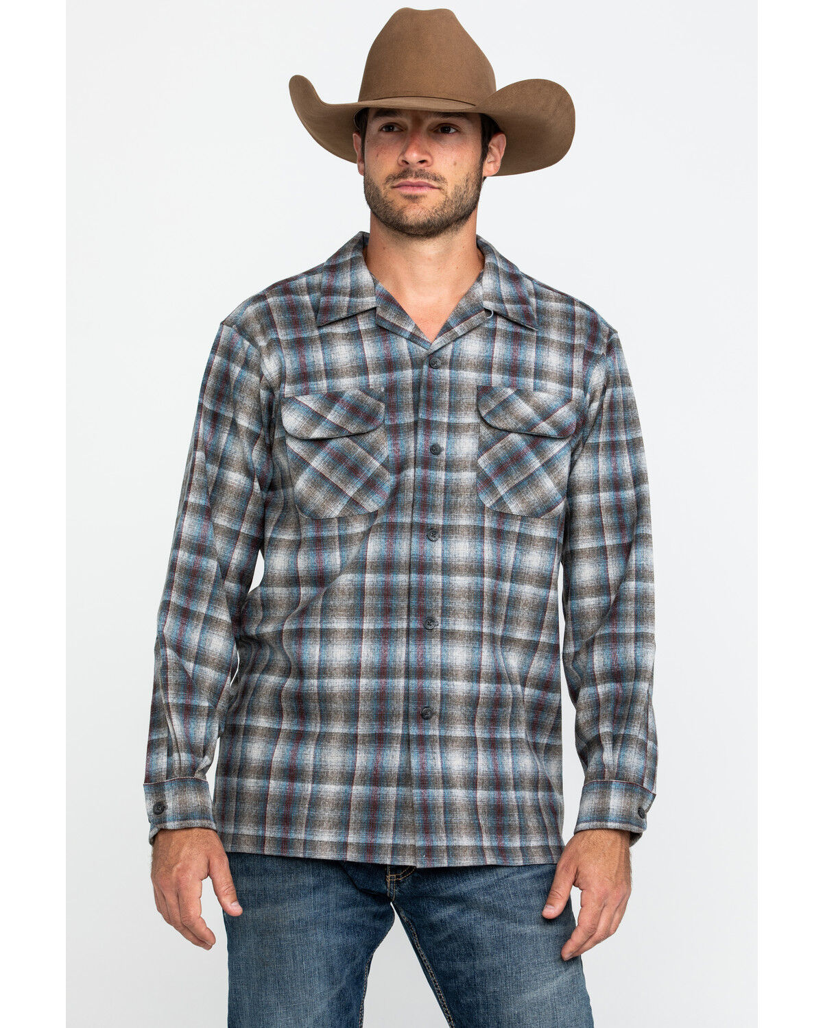 Image #1 - Pendleton Men's Gray Board Oxford Plaid Long Sleeve Western Shirt, Grey, hi-res