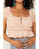 Image #2 - Jolt Women's Jacquard Crinkle Short Sleeve Peasant Crop Top , Blush, hi-res