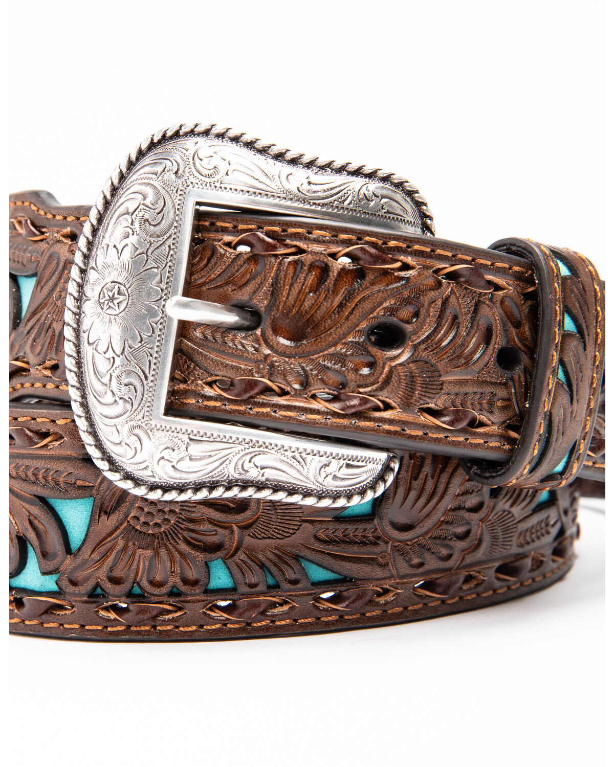 Image #3 - Nocona Men's Floral Embossed Overlay Belt, Tan, hi-res