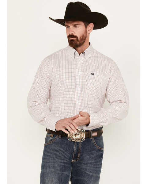 Cinch Men's Checkered Print Long Sleeve Button Down Shirt, White, hi-res