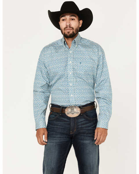 Stetson Men's Floral Geo Print Long Sleeve Button Down Western Shirt, Blue, hi-res