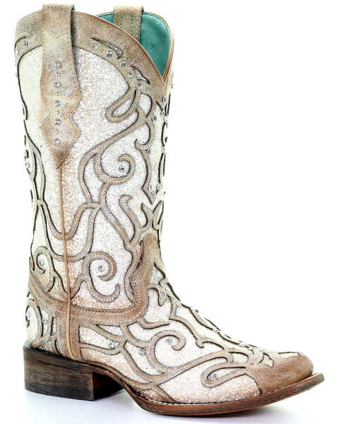 Image #1 - Corral Women's White Glitter Inlay Western Boots - Square Toe, Ivory, hi-res